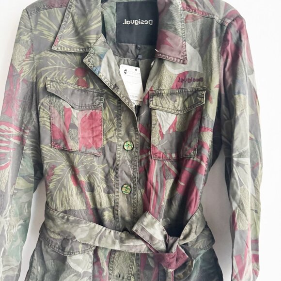 Desigual Army Green Floral Belted Casual Jacket 46/M - Picture 4 of 7